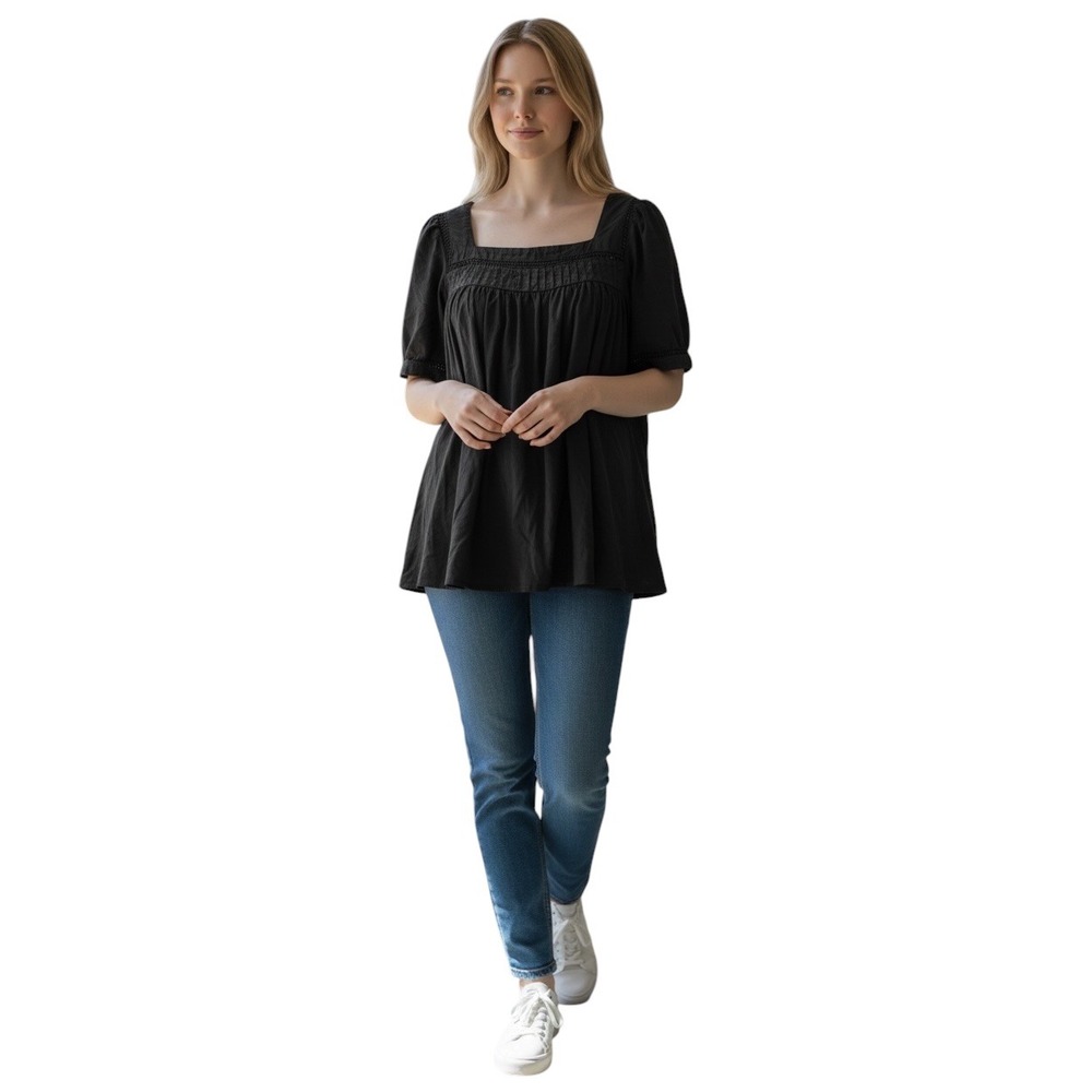 Elie Tahari Woman Black Square Neck Babydoll Blouse Ladder Lace Trim Puff Sleeve